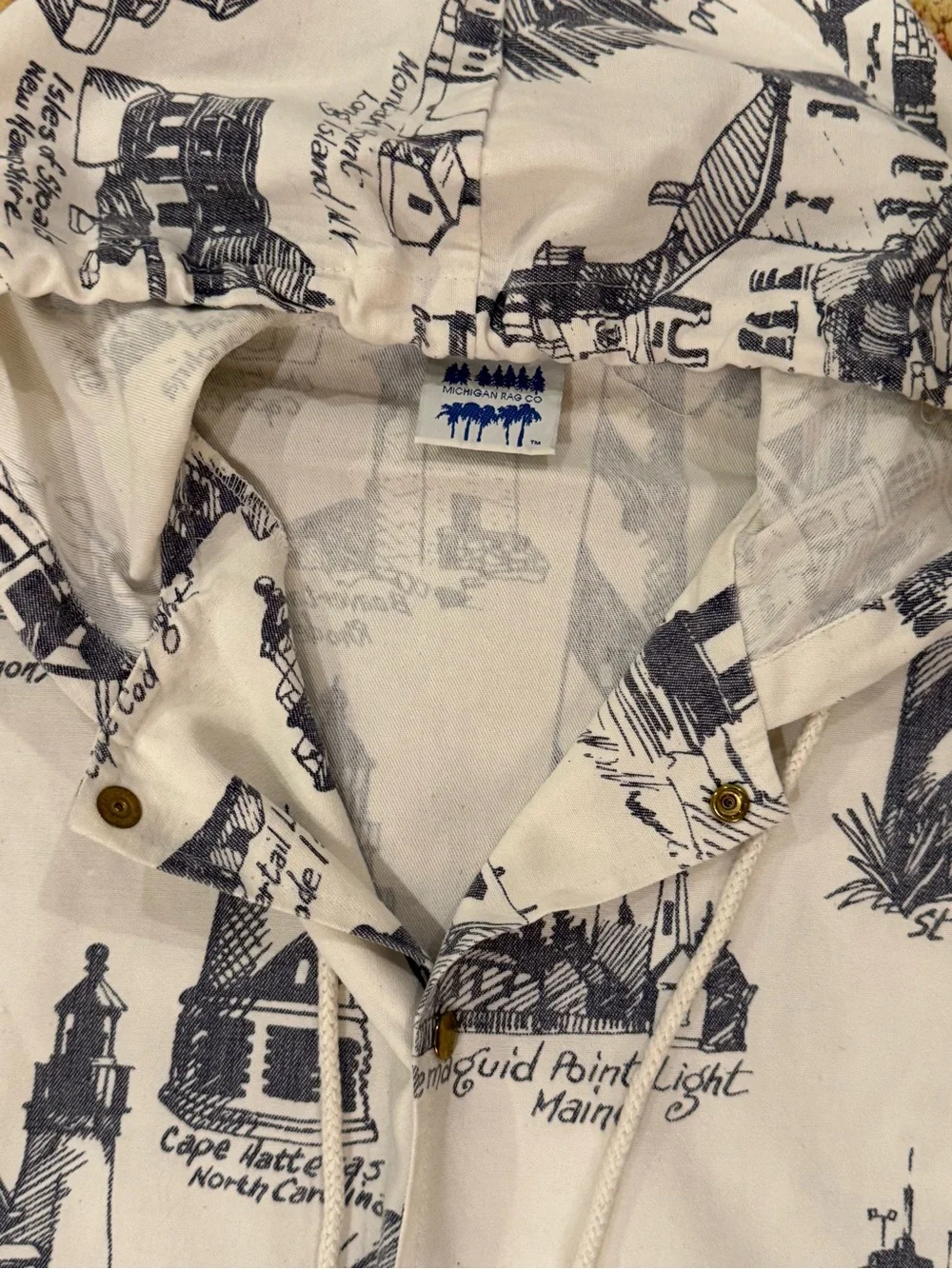 Vintage Michigan Rag Cream Hooded Button-Front Sweatshirt with Lighthouse Print